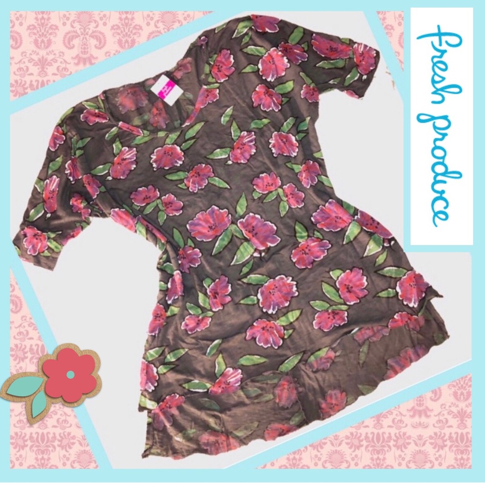 NEW Fresh Produce Slub Cotton Summertime Retreat Floral Tunic Tee, Gray L